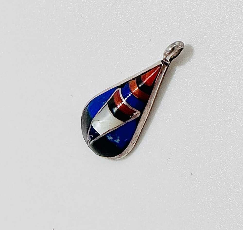 Native American Zuni Handmade Sterling Silver Teardrop Multi-Stone Inlay Pendant